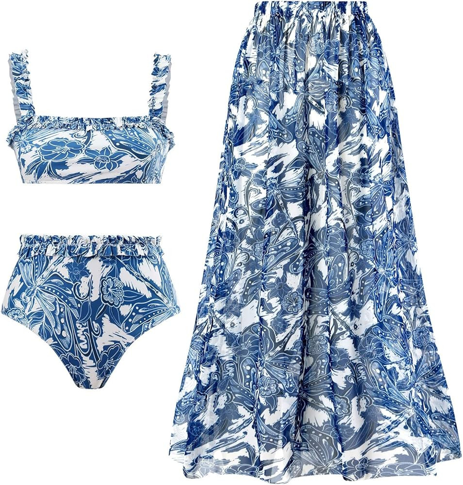 Cbcbtwo Womens Swimsuits Ruffle Bikini 3 Piece Set Cute Print Sweetheart Neckline Crop Top and Hi... | Amazon (US)