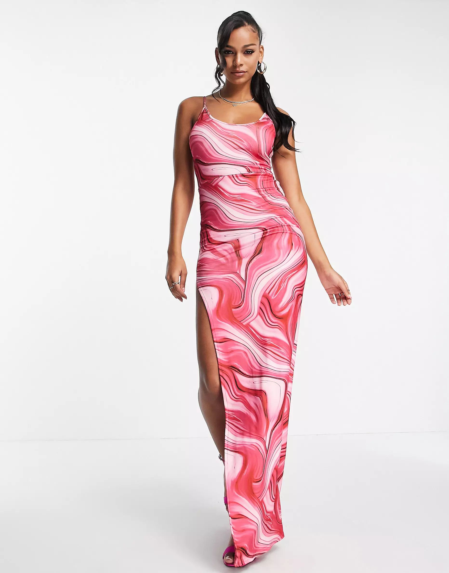 Public Desire double layer slinky cami thigh slit maxi dress in fuchsia swirl | ASOS (Global)
