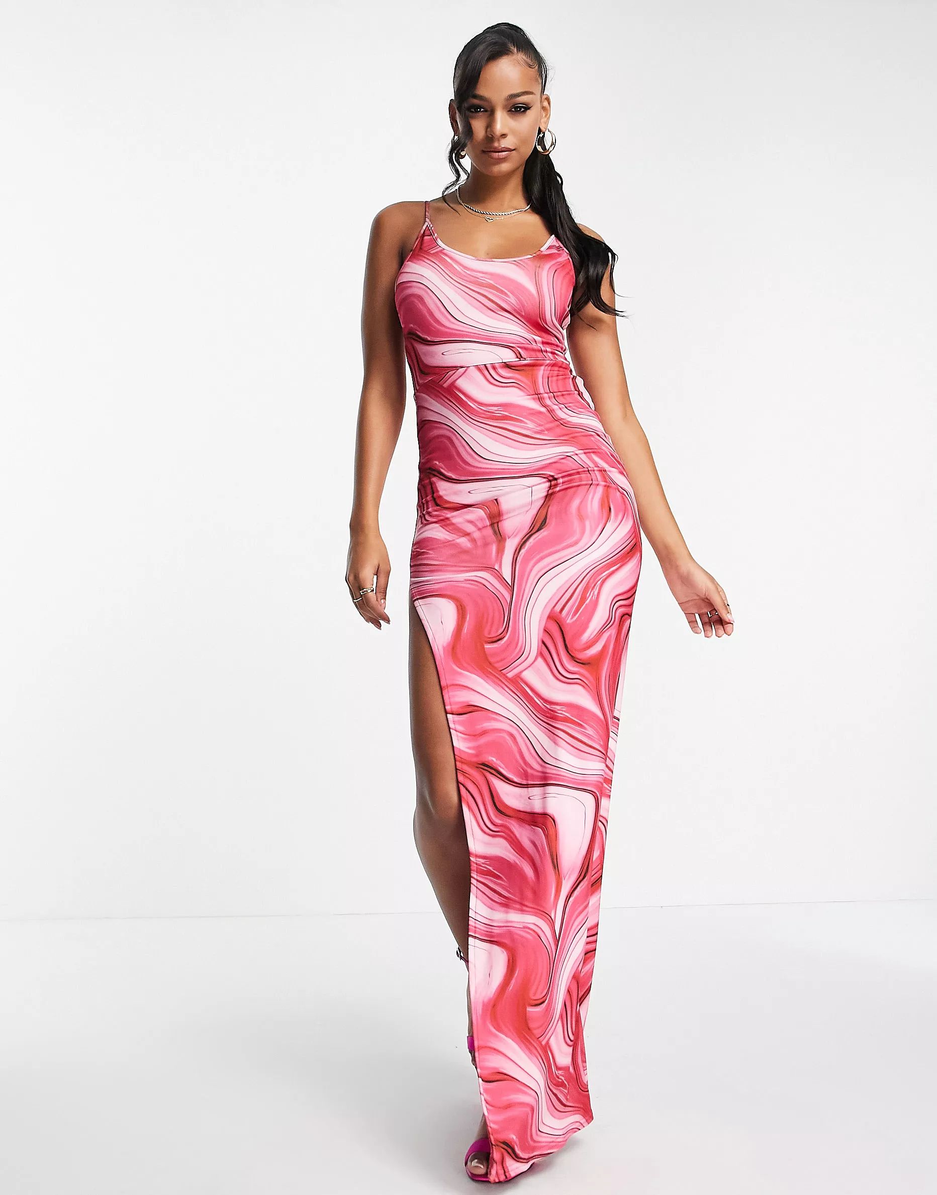 Public Desire double layer slinky cami thigh slit maxi dress in fuchsia swirl | ASOS (Global)