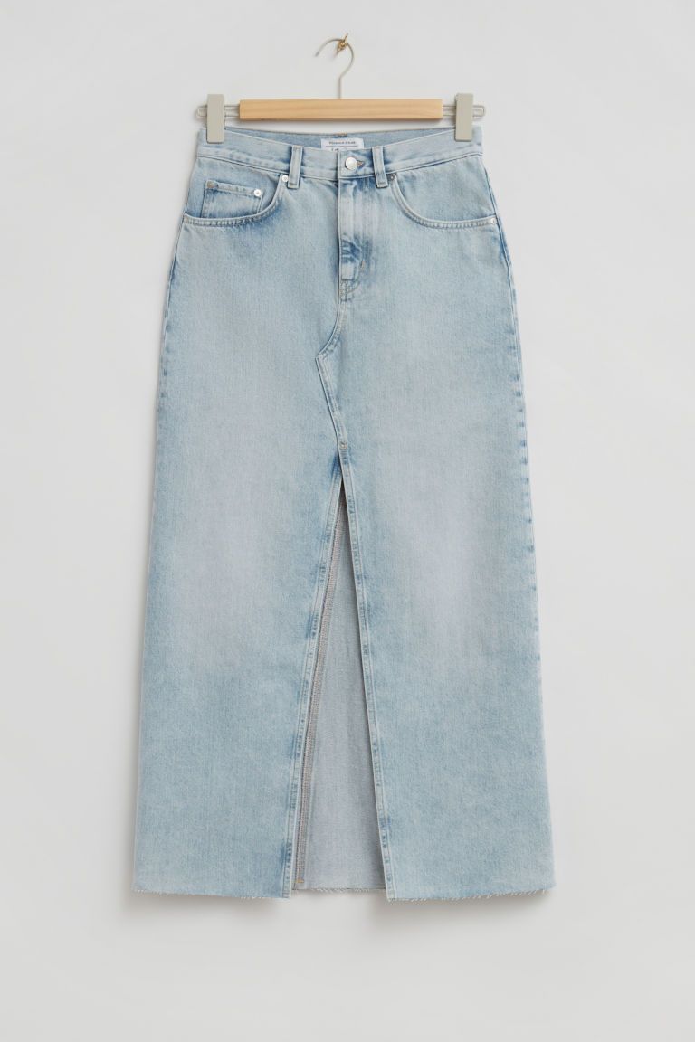 H & M - Long Frayed Edge Denim Skirt - Blue | H&M (UK, MY, IN, SG, PH, TW, HK)