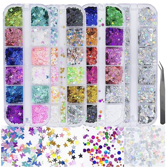 4 Boxes Holographic Nail Sequins Shapes Mixed Iridescent Nail Glitter Flakes Butterfly Hearts Sta... | Amazon (US)