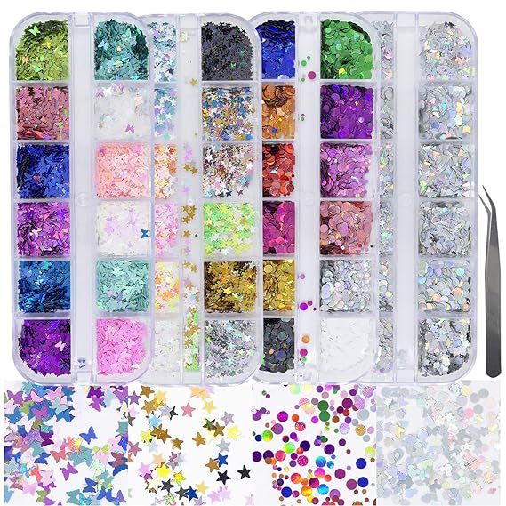 4 Boxes Holographic Nail Sequins Shapes Mixed Iridescent Nail Glitter Flakes Butterfly Hearts Sta... | Amazon (US)