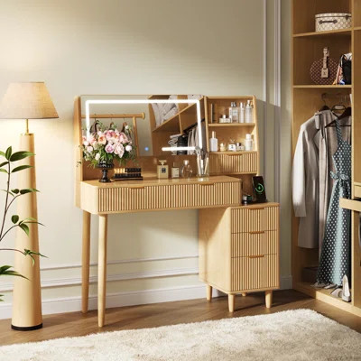 45”Makeup Vanity with Lighted Mirror, Adjustable In Three Colors And Three Brightness Levels, Two Sockets And Usb Ports | Wayfair North America