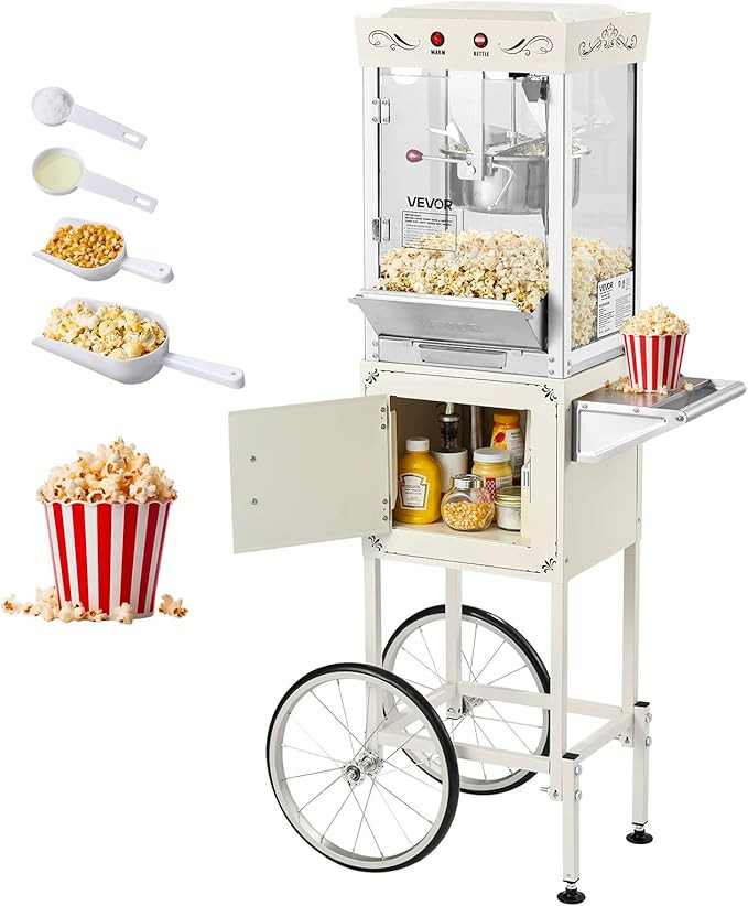 VEVOR Popcorn Machine with Cart, 8oz Stainless Steel Kettle, 800W Commercial Popcorn Maker, 48 Cu... | Amazon (US)