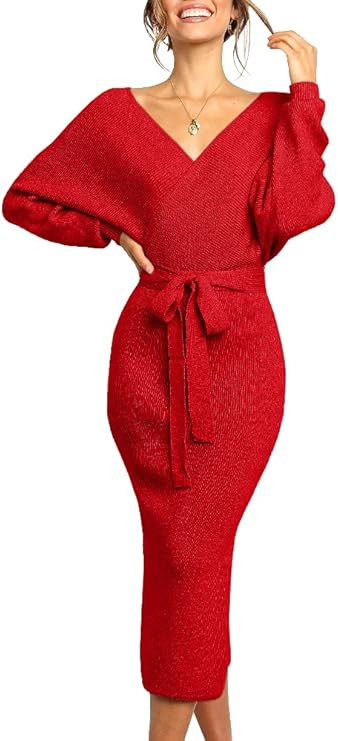 Chang Yun Women's Long Maxi Sweater Dresses Sexy Wrap Batwing V Neck Slit Open Back Holiday Bodyc... | Amazon (US)