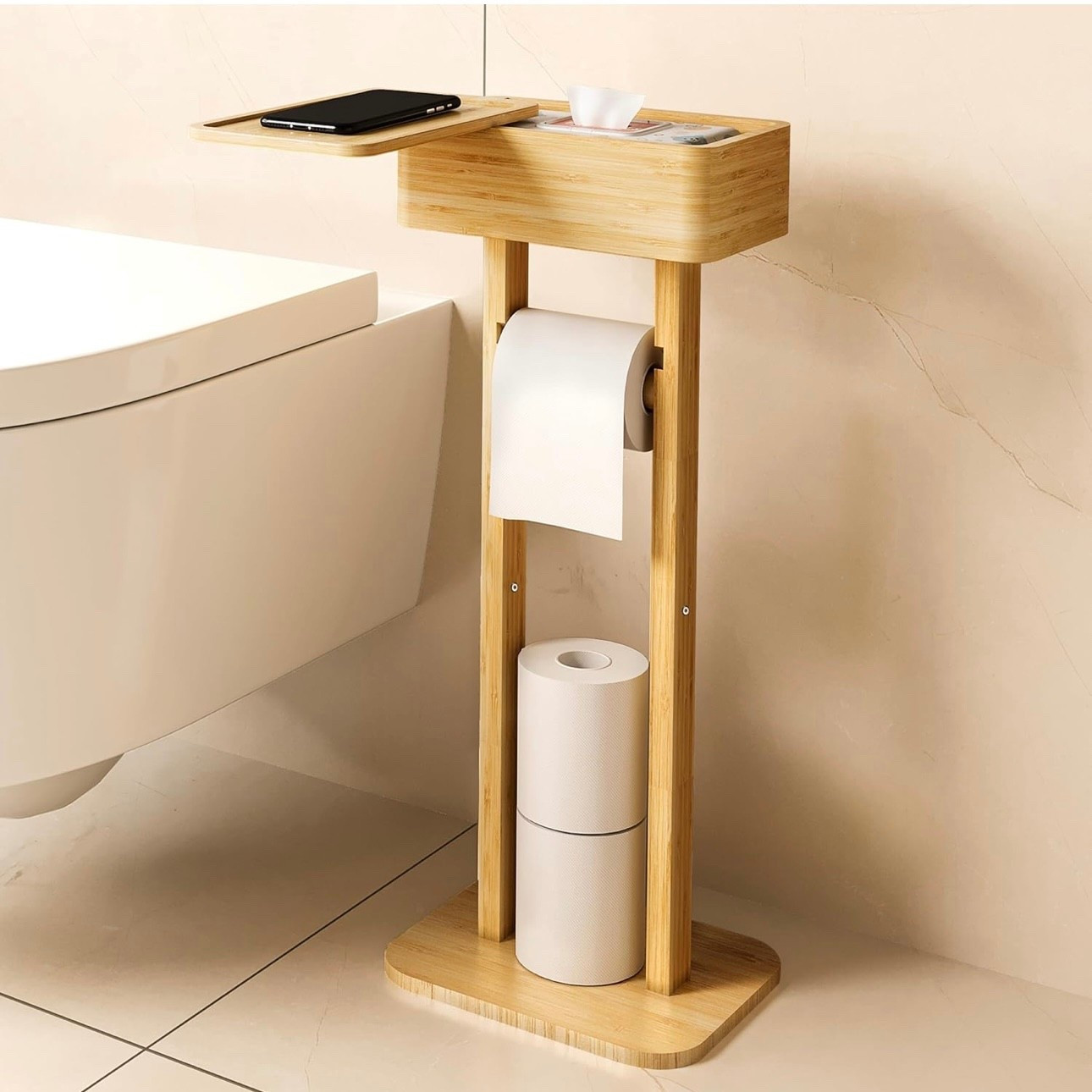 Wealone 4-in-1 Toilet Paper Holder Stand with Storage Shelf Box, 360° Rotating Bamboo Free Standing Toilet Tissue Roll, Toilet Wipes Dispenser Organizer Desktop for Bathroom Decor (Patented)

#LTKHome
