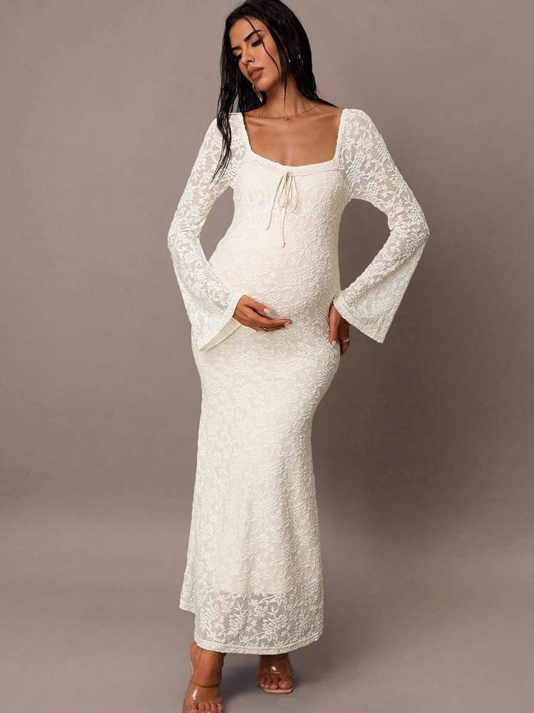 MaterniChic Maternity Lace Dress Autumn And Winter Fall Women Clothes Maternity Elegant Contrast Lace Bell Sleeve Dress Winter Dresses For Women | SHEIN