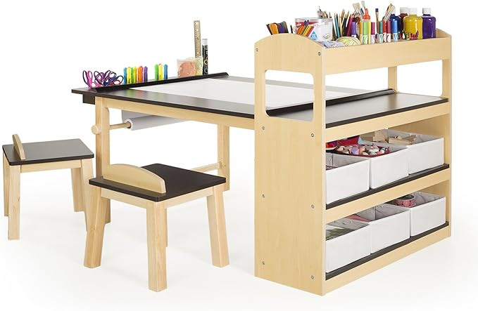 Guidecraft Deluxe Art Center: Kids Arts and Crafts Table and Chairs Set with Storage Shelves, Bin... | Amazon (US)