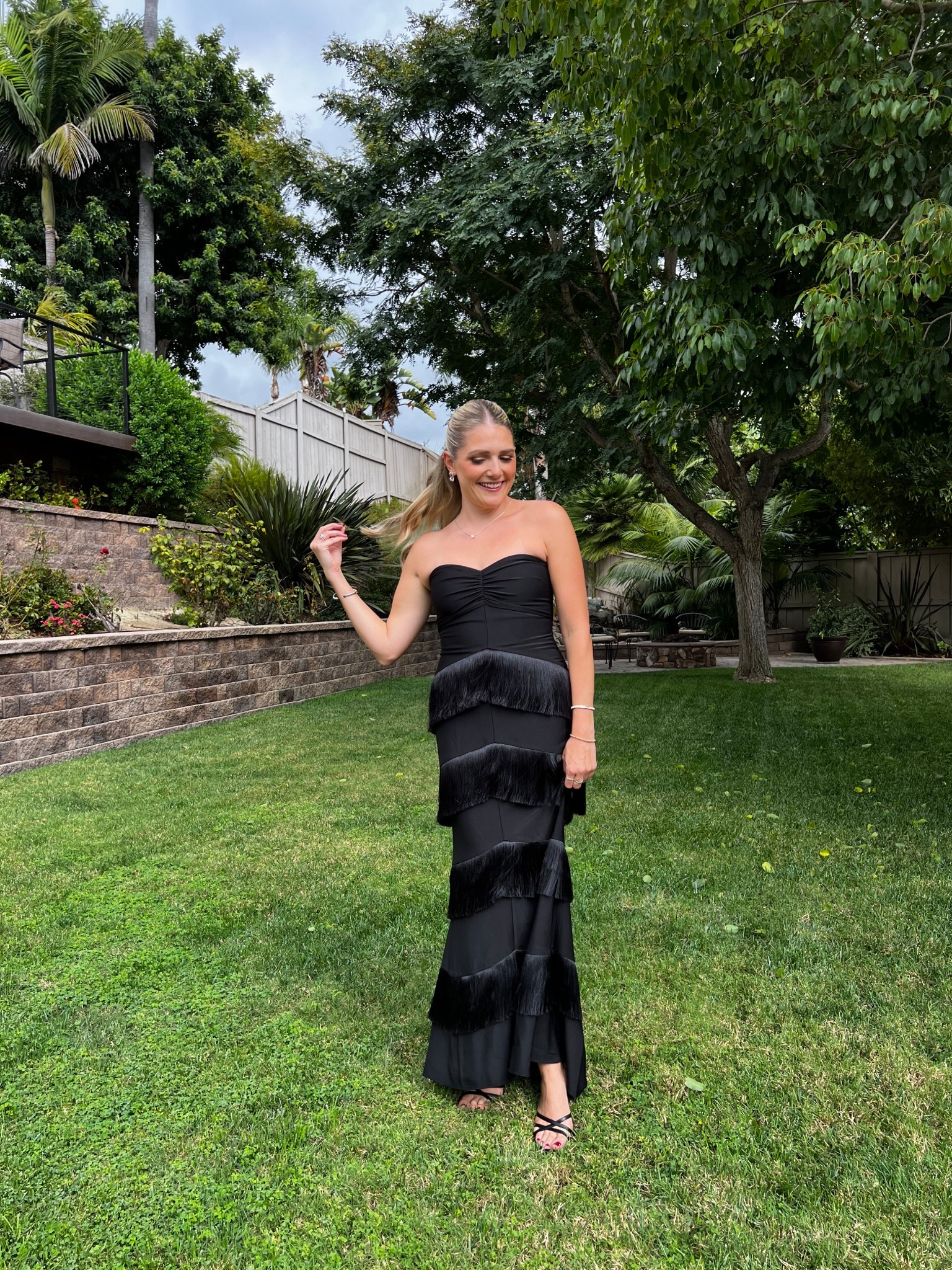 Black tie wedding outfit, black wedding guest dress, black dress revolve, black fringe gown, house of Harlow dress 

size medium 