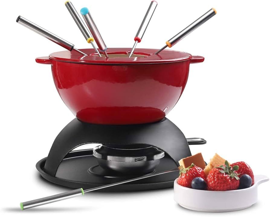 Artestia 11-Piece Cast Iron Fondue Set with Adjustable Burner 6 Colored Forks, 5-Cup Red Cheese F... | Amazon (US)