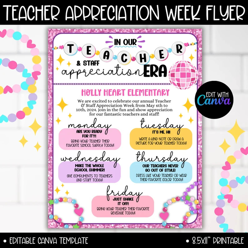 Teacher Staff Appreciation Week Theme Editable Flyer, Pop Star Theme Itinerary Schedule Flyer, in... | Etsy (US)