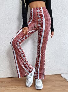 Striped & Floral Print Flare Leg Pants | SHEIN