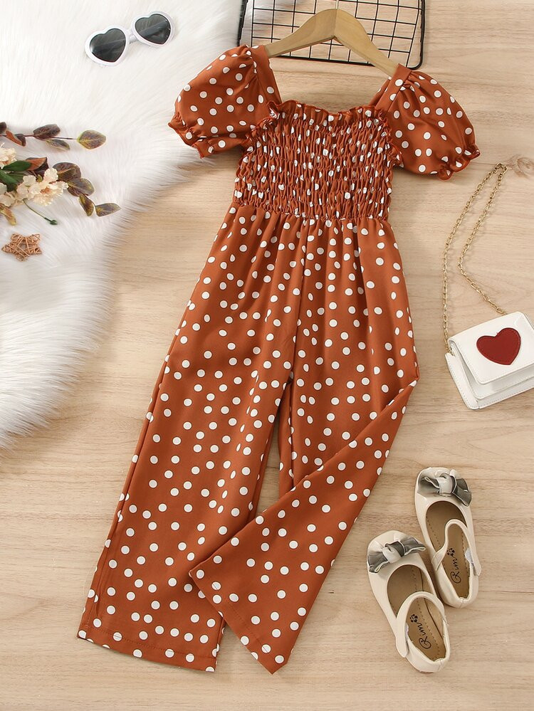 Toddler Girls Polka Dot Print Puff Sleeve Shirred Shirt Jumpsuit | SHEIN