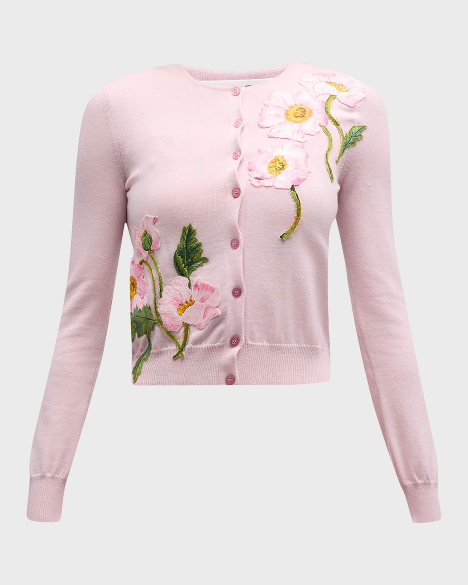 Oscar de la Renta Painted Poppies Embroidered Crewneck Cardigan | Neiman Marcus