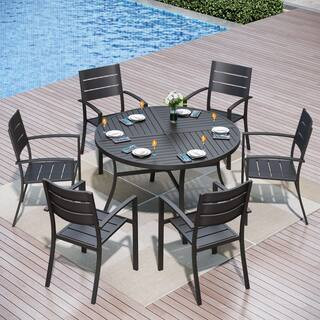 PHI VILLA 7-Piece Metal Outdoor Patio Dining Set with Stackable Chairs and Round Table THD7-409B1... | The Home Depot