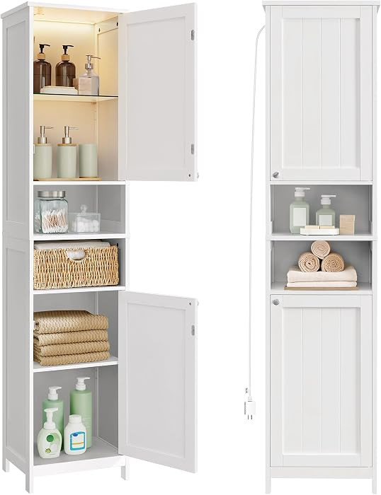 VASAGLE Tall Bathroom Cabinet with Lights, Slim Freestanding Bathroom Storage Cabinet with Adjust... | Amazon (CA)