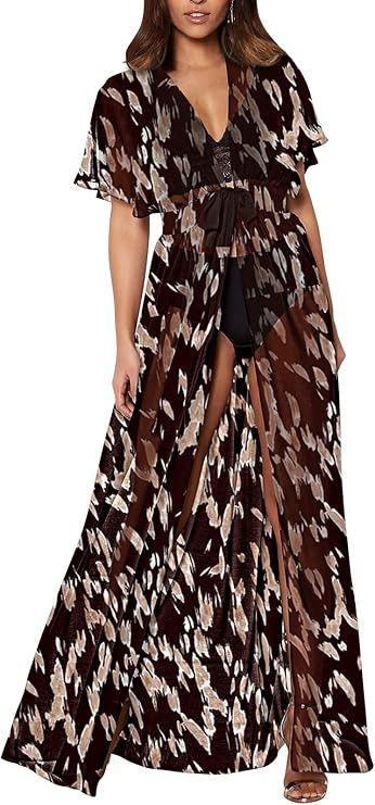 Pink Queen Women's Short Sleeve Beach Chiffon Kimono Cardigan Tie Front Long Bathing Suit Swimsui... | Amazon (US)