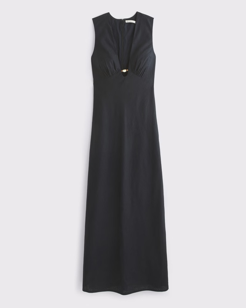 Abercrombie & Fitch Women's Beaded Plunge Linen-Blend Maxi Dress in Black - Size XXS | Abercrombie & Fitch (US)