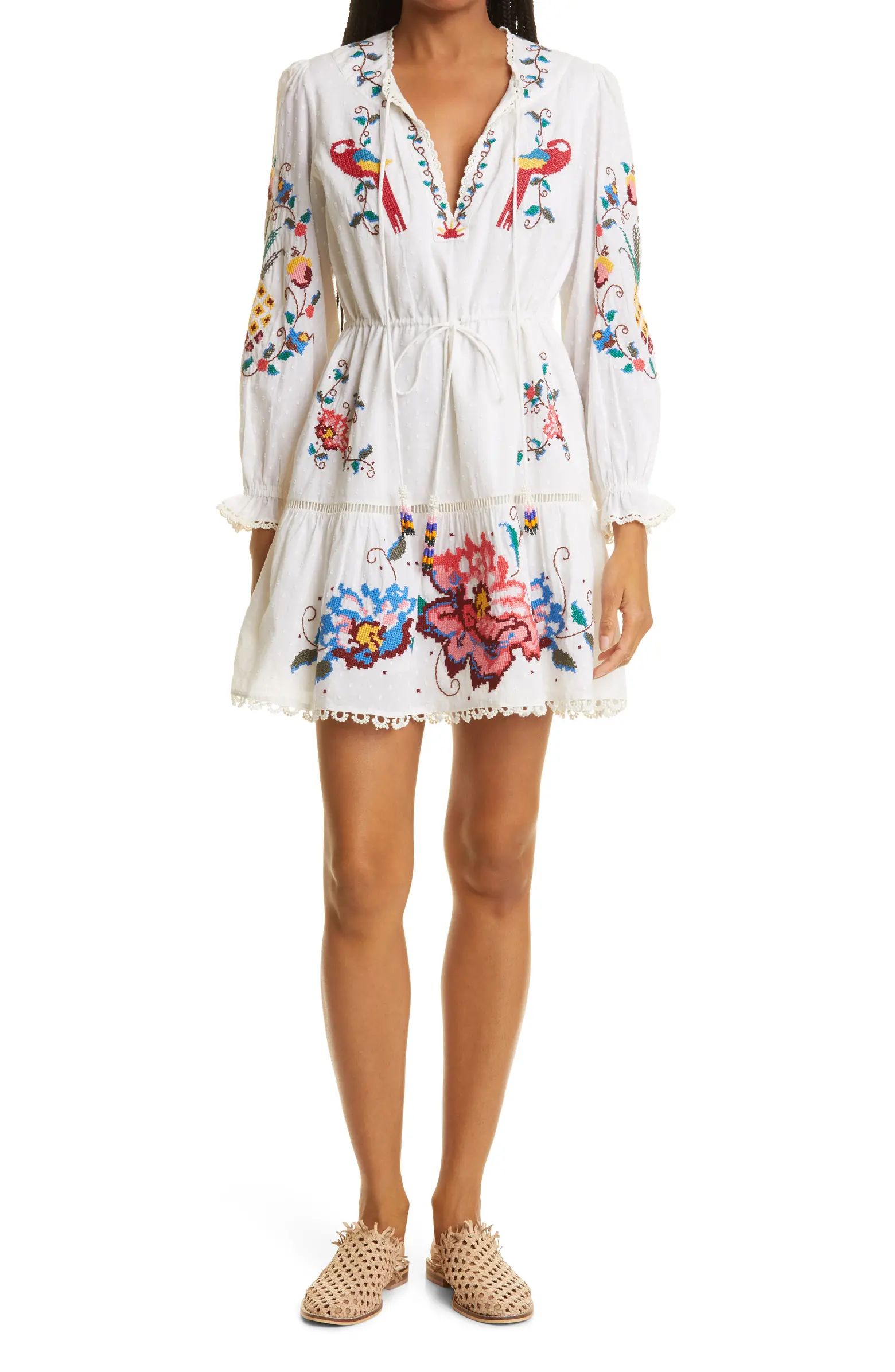 FARM Rio Macaw Long Sleeve Cross Stitch Embroidered Dress | Nordstrom | Nordstrom