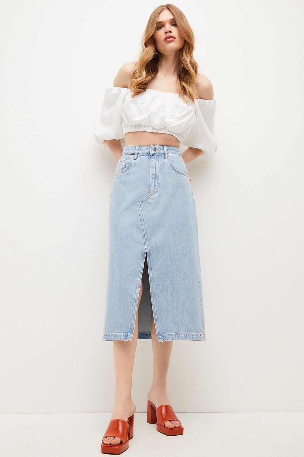 Spilt Front Denim Midi Skirt | Karen Millen UK & IE
