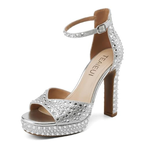 TEAIEUI Silver Rhinestone Sandals for Women Dressy High Heels Chunky Platform Shoes Open Toe Sparkly Block Heels Ankle Strap 7 | Amazon (US)