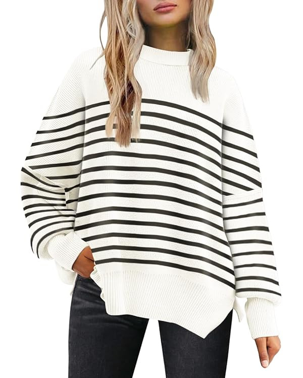 LILLUSORY Women Fall Crewneck Batwing Long Sleeve Sweater Oversized Ribbed Knit Side Slit Pullove... | Amazon (US)