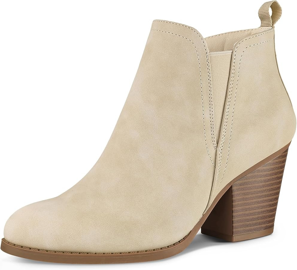 mysoft Women's Ankle Boots V Cut Side Elastic Panel Stacked Chunky Heel Booties with Side Zipper | Amazon (US)