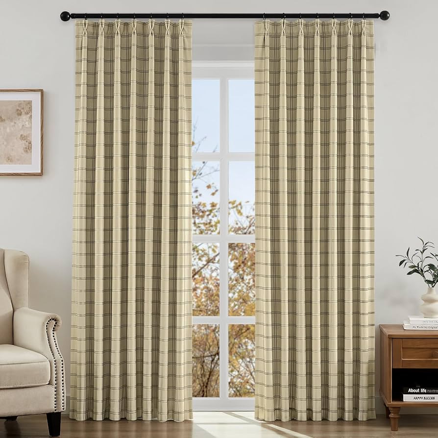 HOMEIDEAS 100% Blackout Plaid Pinch Pleated Curtains, Noise Reduction Thermal Insulated with Adju... | Amazon (US)