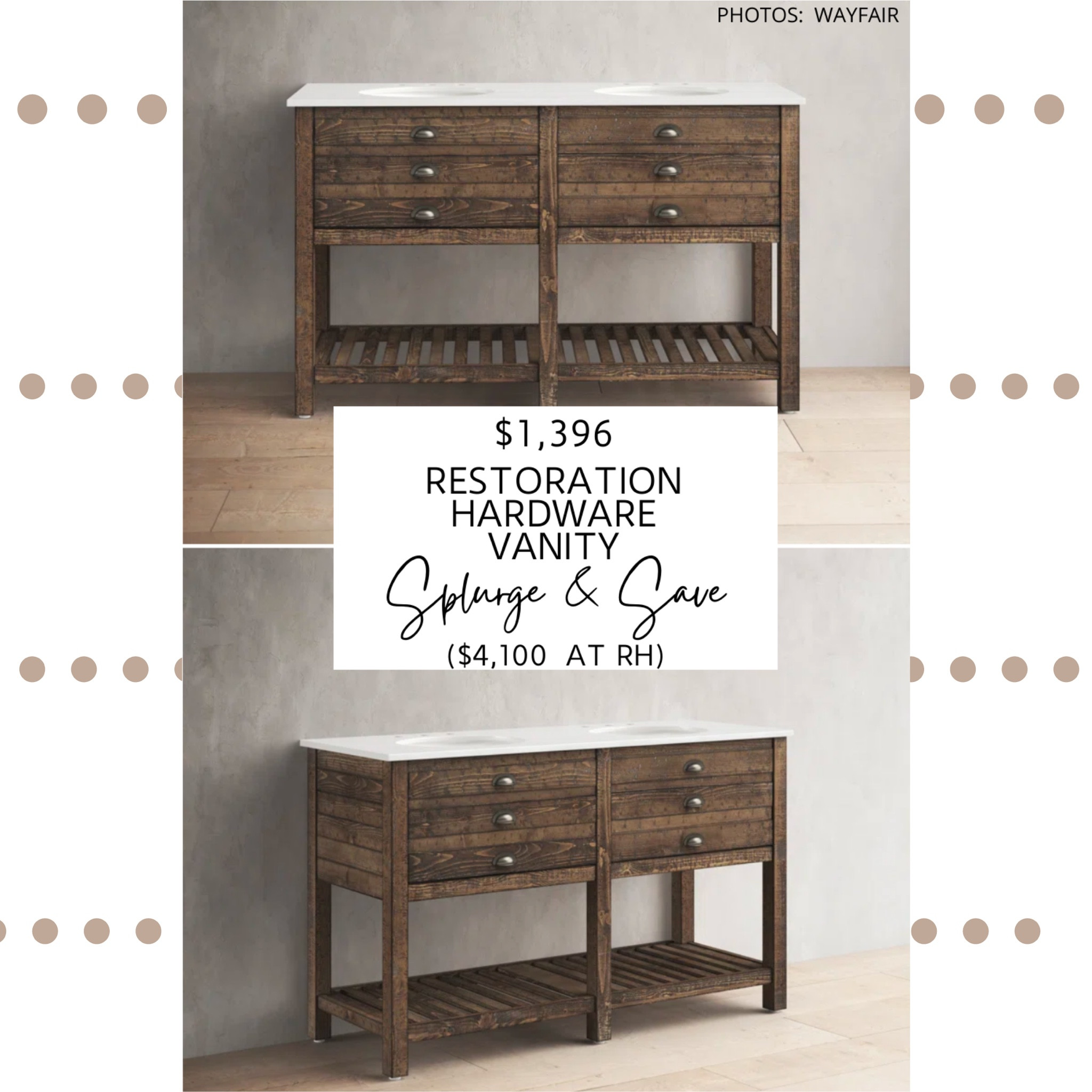 Restoration Hardware’s Printmaker’s Double Washstand Vanity is reminiscent of a printmaker’s desk. If features shallow drawers, metallic handles, a customizable countertop, ceramic basins, and is made of distressed solid pine. 

Wayfair’s Johnstown 2 Drawer 57" Double Bathroom Vanity Set also features metallic bin pulls,  shallow printmaker-inspired drawers, a slatted storage shelf, and comes in three different sizes.

Note that all photos above are of the Wayfair vanity.  If you’re like to see the Restoration Hardware version, I’ve inked to that in my blog post! 

#vanity #bathroom #bathroomreno #bathroominspo #rustic #farmhouse #modernfarmhouse #restorationhardware #restorationhardwaredupe #dupe #lookforless #spendandsave #highlow #lookalike.  Restoration Hardware vanity dupe.  Rustic vanity. Reclaimed vanity.  Bathroom vanity.  Affordable bathroom vanity.  Vintage vanity.  Wayfair finds. Restoration Hardware Printmaker’s vanity dupe. Restoration Hardware vanity dupes. Restoration Hardware looks for less.  Restoration Hardware bathroom.  Bathroom inspiration. Bathroom Reno.  modern farmhouse vanity.  Single vanity. Double vanity. Bathroom vanity with storage. Distressed vanity.   Printmaker’s vanity. Printmakers vanity.  

#LTKhome #LTKstyletip #LTKsalealert