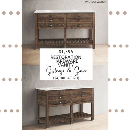 Restoration Hardware’s Printmaker’s Double Washstand Vanity is reminiscent of a printmaker’s desk. If features shallow drawers, metallic handles, a customizable countertop, ceramic basins, and is made of distressed solid pine. 

Wayfair’s Johnstown 2 Drawer 57" Double Bathroom Vanity Set also features metallic bin pulls,  shallow printmaker-inspired drawers, a slatted storage shelf, and comes in three different sizes.

Note that all photos above are of the Wayfair vanity.  If you’re like to see the Restoration Hardware version, I’ve inked to that in my blog post! 

#vanity #bathroom #bathroomreno #bathroominspo #rustic #farmhouse #modernfarmhouse #restorationhardware #restorationhardwaredupe #dupe #lookforless #spendandsave #highlow #lookalike.  Restoration Hardware vanity dupe.  Rustic vanity. Reclaimed vanity.  Bathroom vanity.  Affordable bathroom vanity.  Vintage vanity.  Wayfair finds. Restoration Hardware Printmaker’s vanity dupe. Restoration Hardware vanity dupes. Restoration Hardware looks for less.  Restoration Hardware bathroom.  Bathroom inspiration. Bathroom Reno.  modern farmhouse vanity.  Single vanity. Double vanity. Bathroom vanity with storage. Distressed vanity.   Printmaker’s vanity. Printmakers vanity.  

#LTKhome #LTKstyletip #LTKsalealert