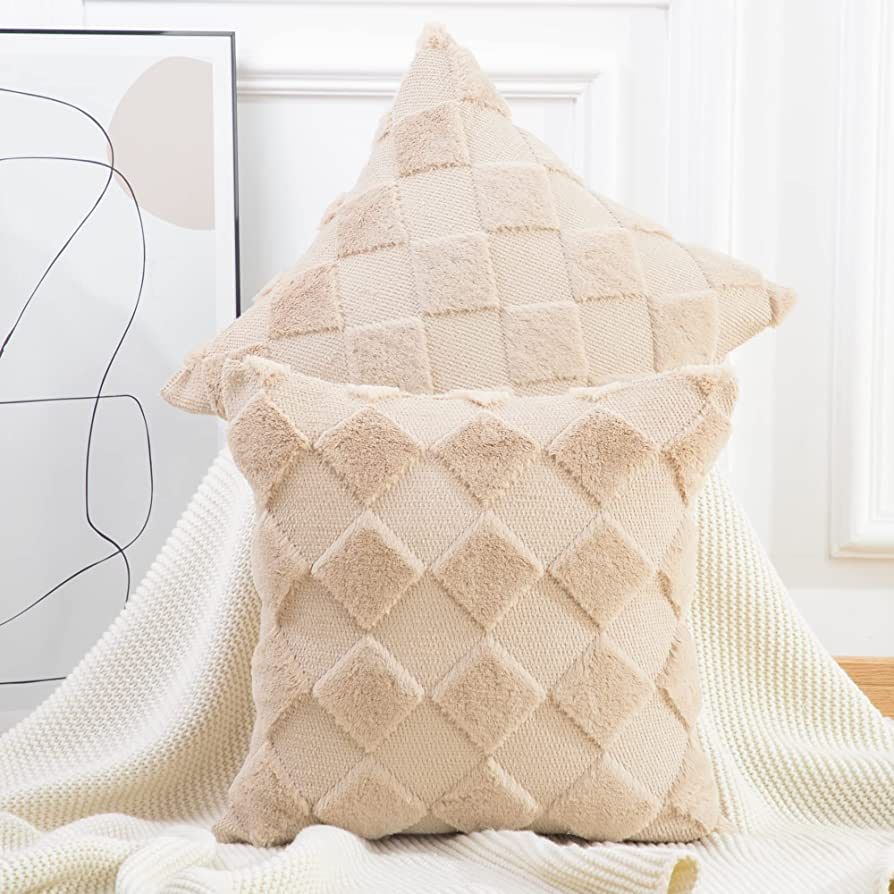 MADIZZ Set of 2 Soft Plush Short Wool Velvet Decorative Throw Pillow Covers 22x22 inch Khaki Squa... | Amazon (US)