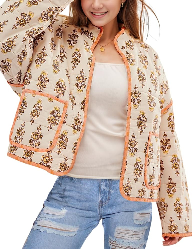 Arssm Women Floral Quilted Puffer Jacket Cropped Lightweight Patchwork Vintage Padded Short Coat ... | Amazon (US)