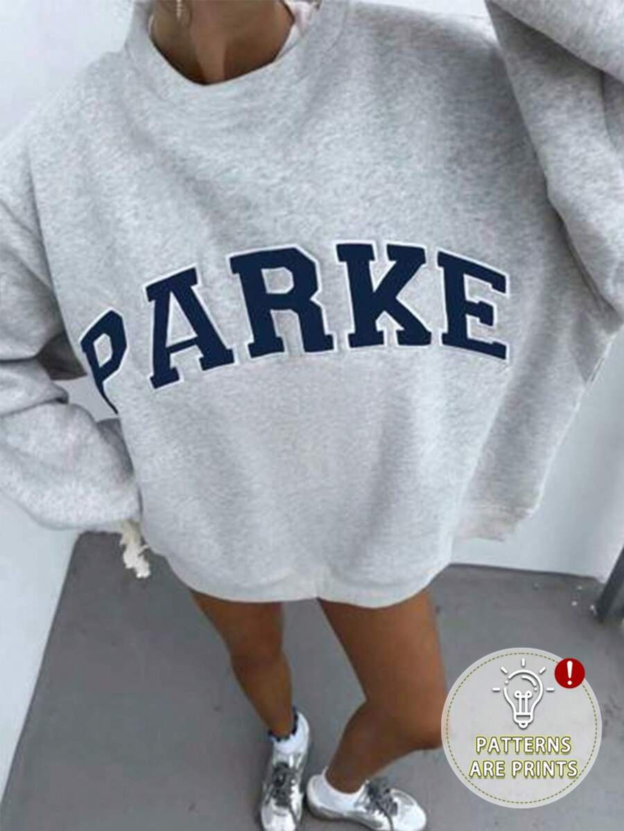 "PARKE" Letter Print Women's Light Grey Crew Neck Sweatshirt (1 Piece) 260g 50% Polyester 50% Cot... | SHEIN