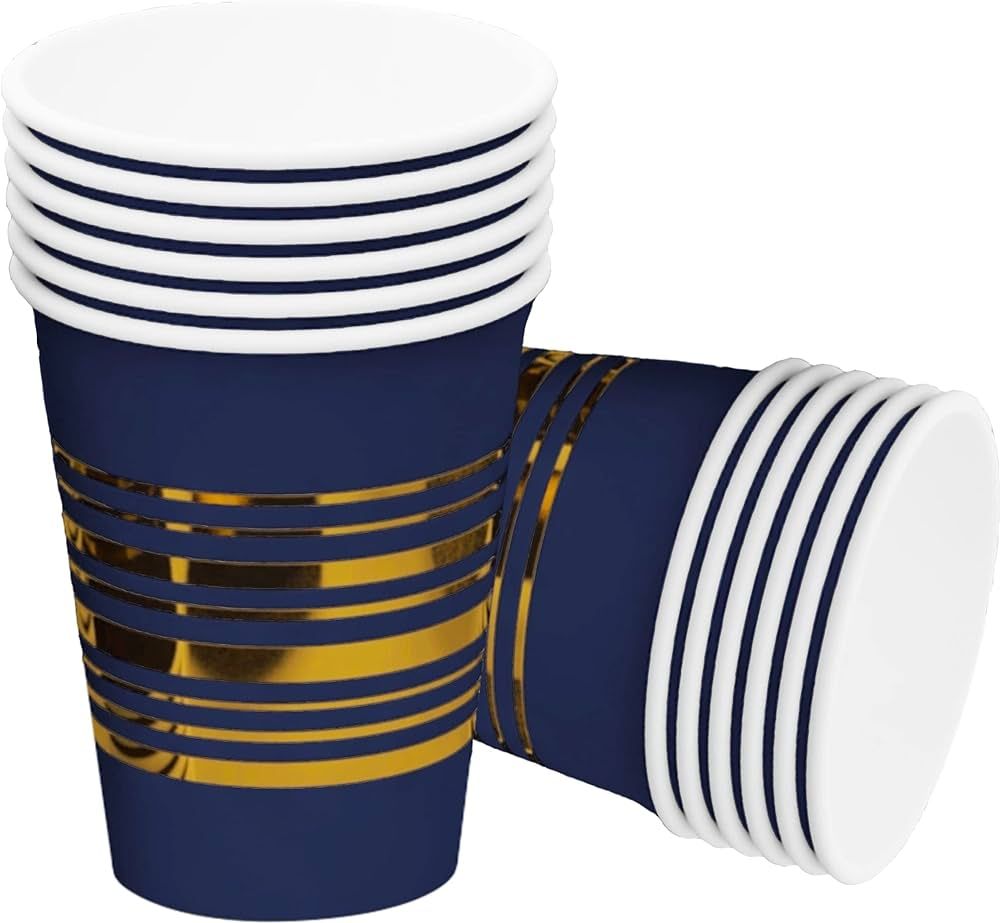 Navy Blue Paper Cups 12 Oz - Disposable Royal Blue Party Cups with Gold Stripes - Party Supplies ... | Amazon (US)