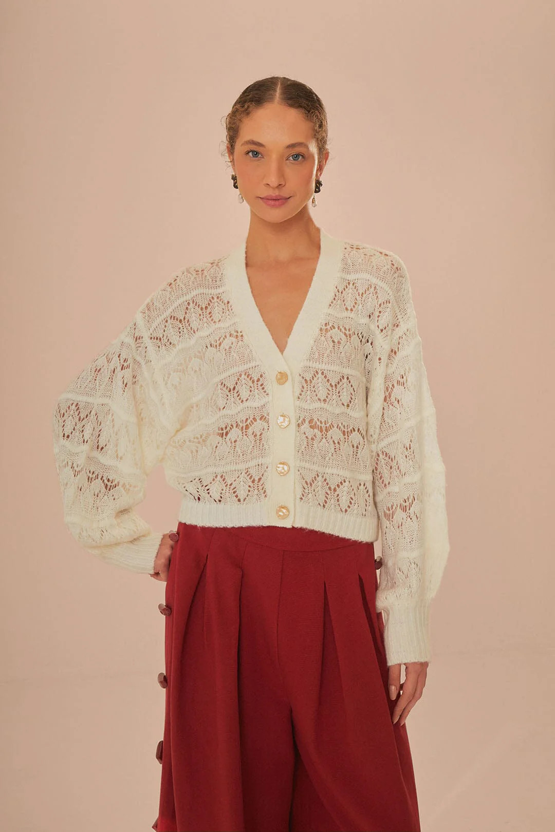 Off-White Textured Knit Cardigan | FarmRio (US)