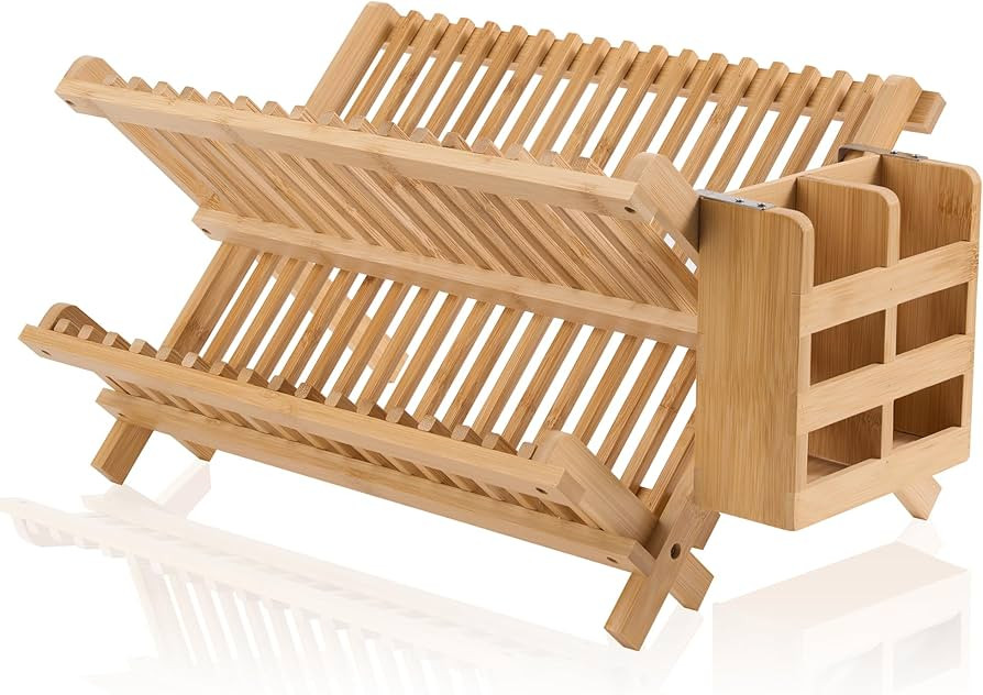 Bamboo Dish Drying Rack-2 Tier, Collapsible Small Dish Rack with Utensil Holder, Wooden Drying Ra... | Amazon (US)