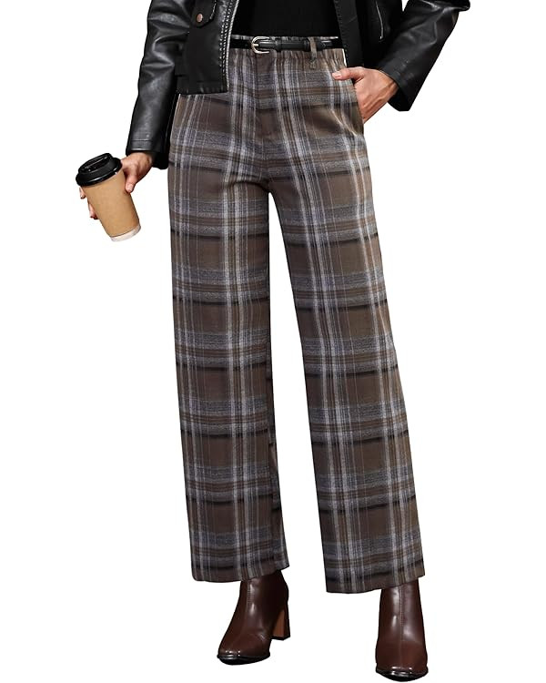 GRAPENT Plaid Pants for Women Wide Leg High Waisted Tartan Work Business Casual Elastic Waist Tro... | Amazon (US)