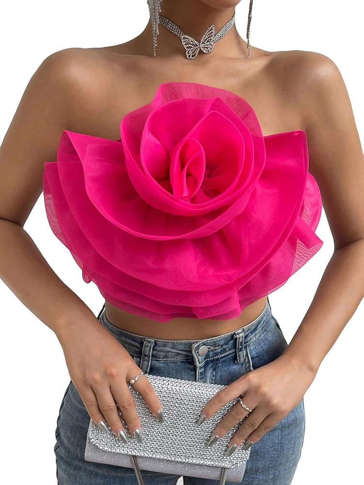 GORGLITTER Women's 3D Flower Crop Tube Top Strapless Bandeau Y2k Going Out Party Tops Hot Pink Me... | Amazon (US)