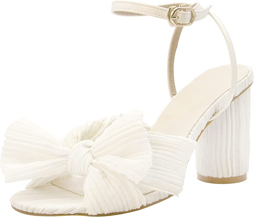 Amazon.com: MUCCCUTE Women's Bow Knot Heeled Sandals White Ankle Buckle Strap Chunky Heeled Open-... | Amazon (US)