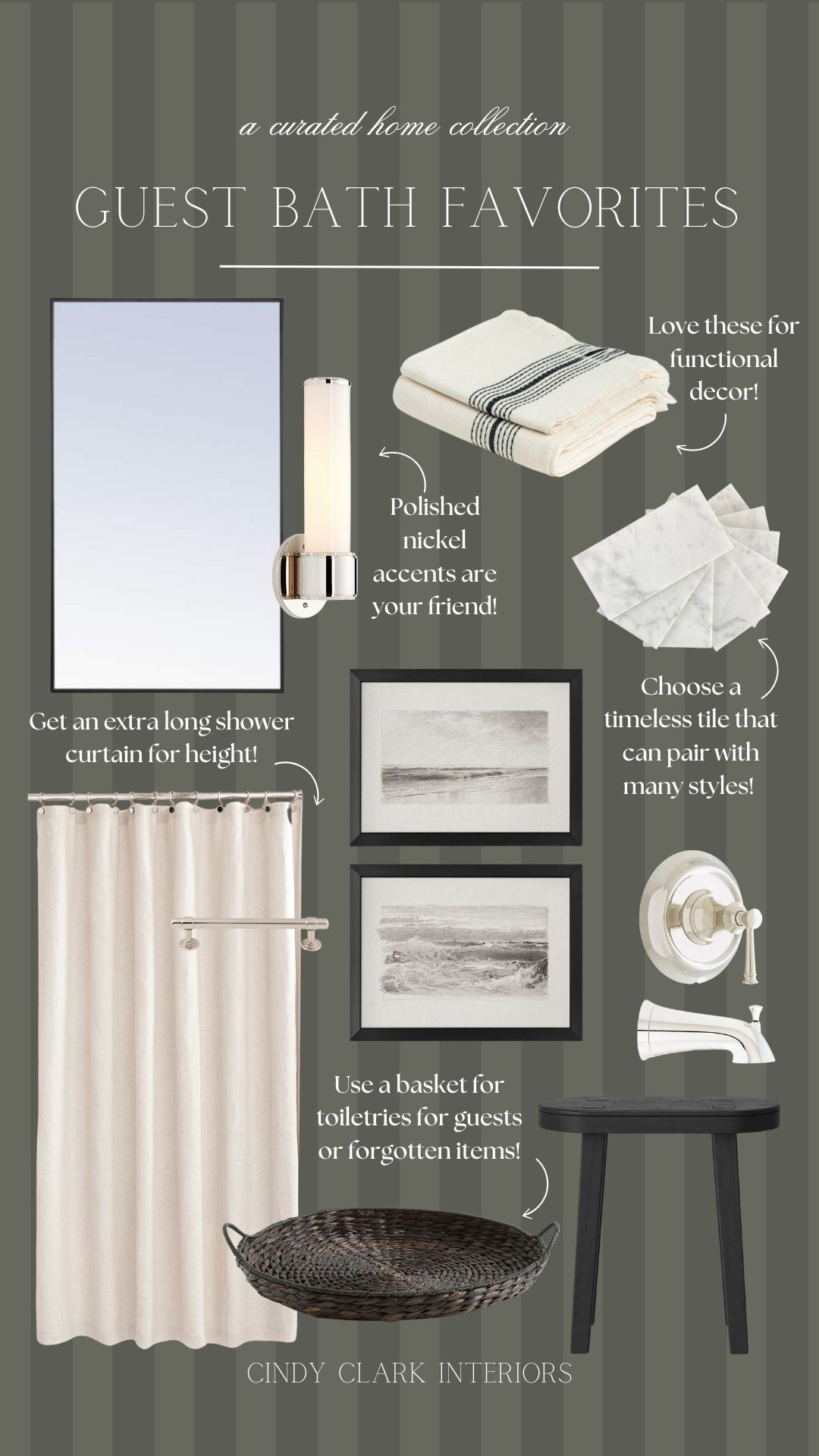 When it comes to styling a bathroom, I have discovered a few key tips in making your space feel elevated and high end! First, choose a longer shower curtain! Raising your curtain rod and choosing an extra long curtain creates height in a space that may not have it. Polished nickel finishes are always your friend—they’re classic and timeless! And when choosing tile go with something timeless. I love marble, checkerboard, and anything neutral. And for extra texture and warmth, don’t forget to utilize baskets. Plus, they are functional for all those forgotten items! 

#LTKHome