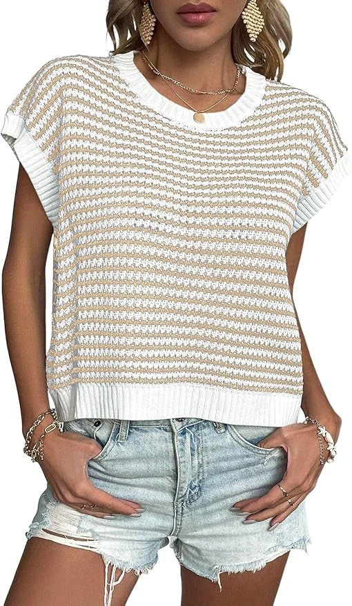 EVALESS Women's Sweater Vest Striped Color Pullover Tank Top Round Neck Cap Sleeve Lightweight 20... | Amazon (US)