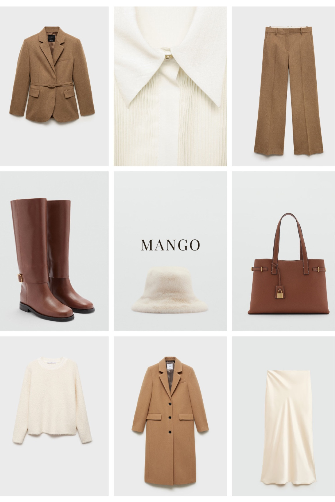 Wool blazer, wool trousers , Suede, knee high Boots, Bucket Hat, Brown boots, Brown Bag, Mango, silk maxi skirt, cream knit , Faux Fur, Mango, Winter Outfits, Winter Essentials