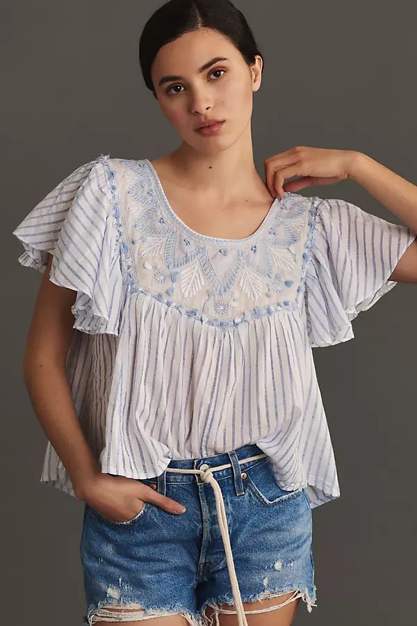By Anthropologie Embroidered Flutter-Sleeve Top | Anthropologie (US)