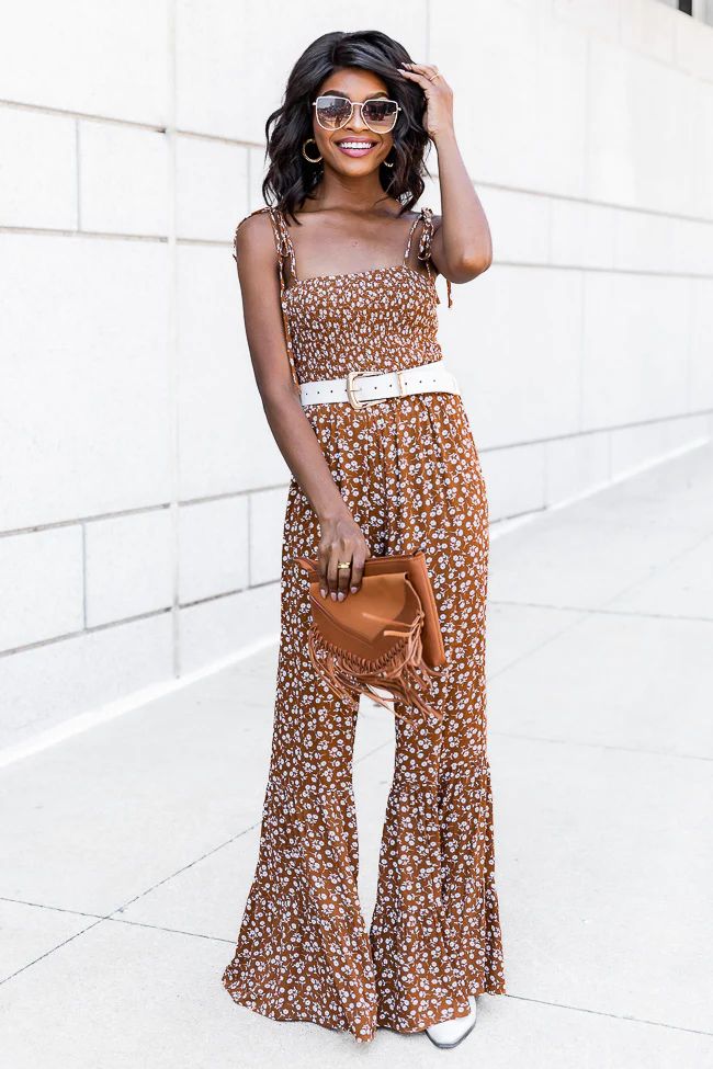 Aware Of This Brown Floral Flare Leg Jumpsuit  FINAL SALE | Pink Lily