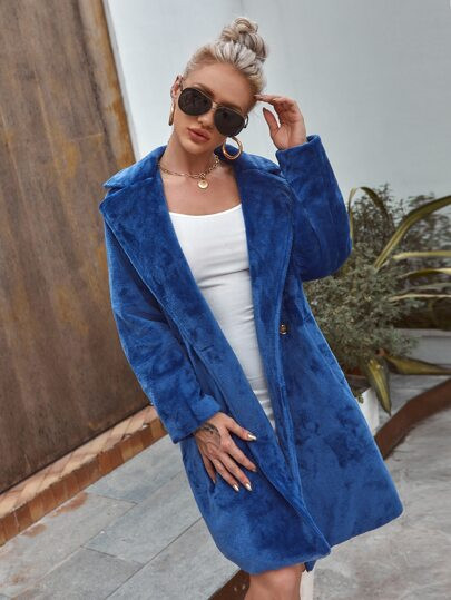 Lapel Collar Double Button Teddy Coat | SHEIN