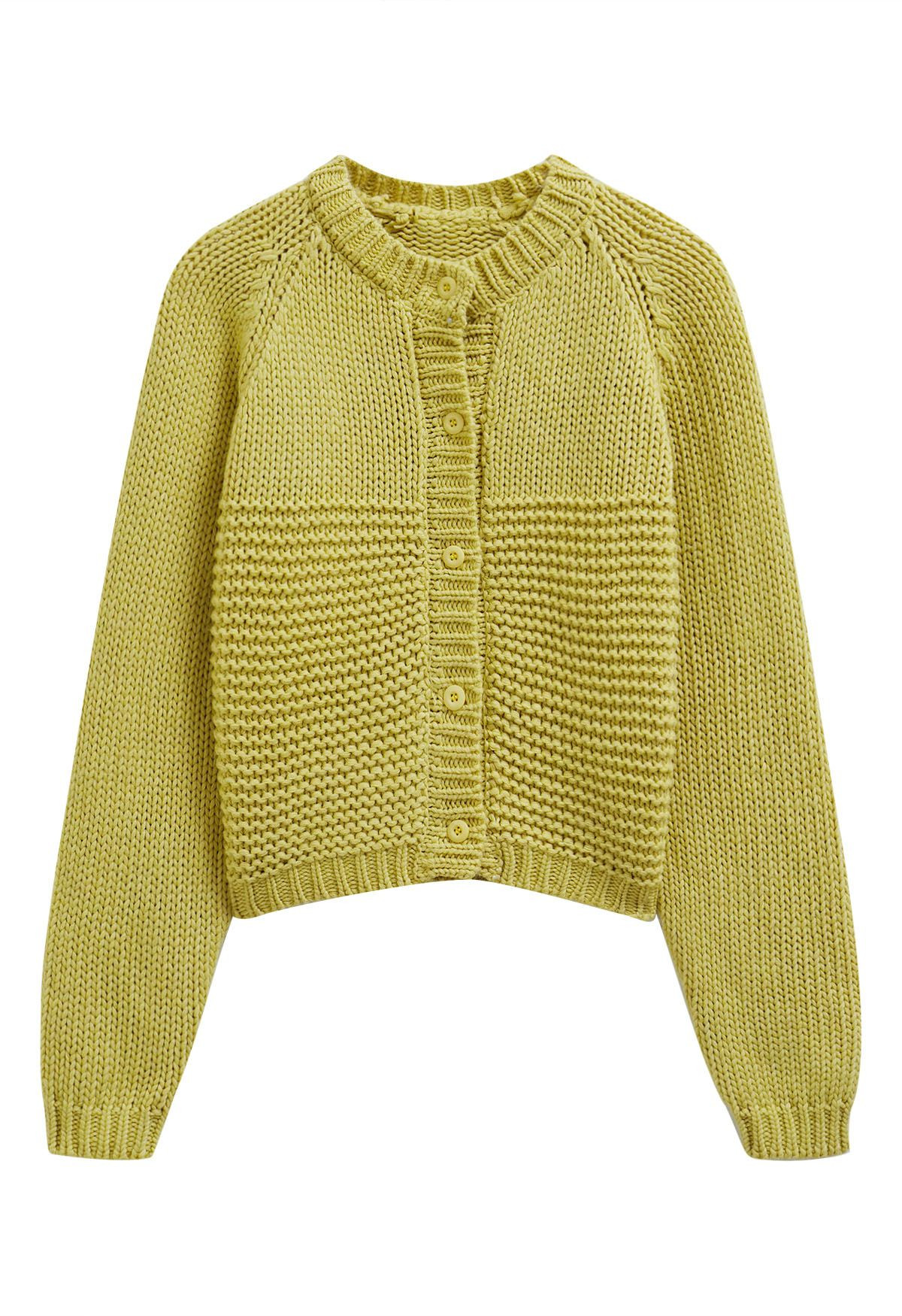 Chunky Buttoned Garter Stitch Knit Cardigan in Lime | Chicwish