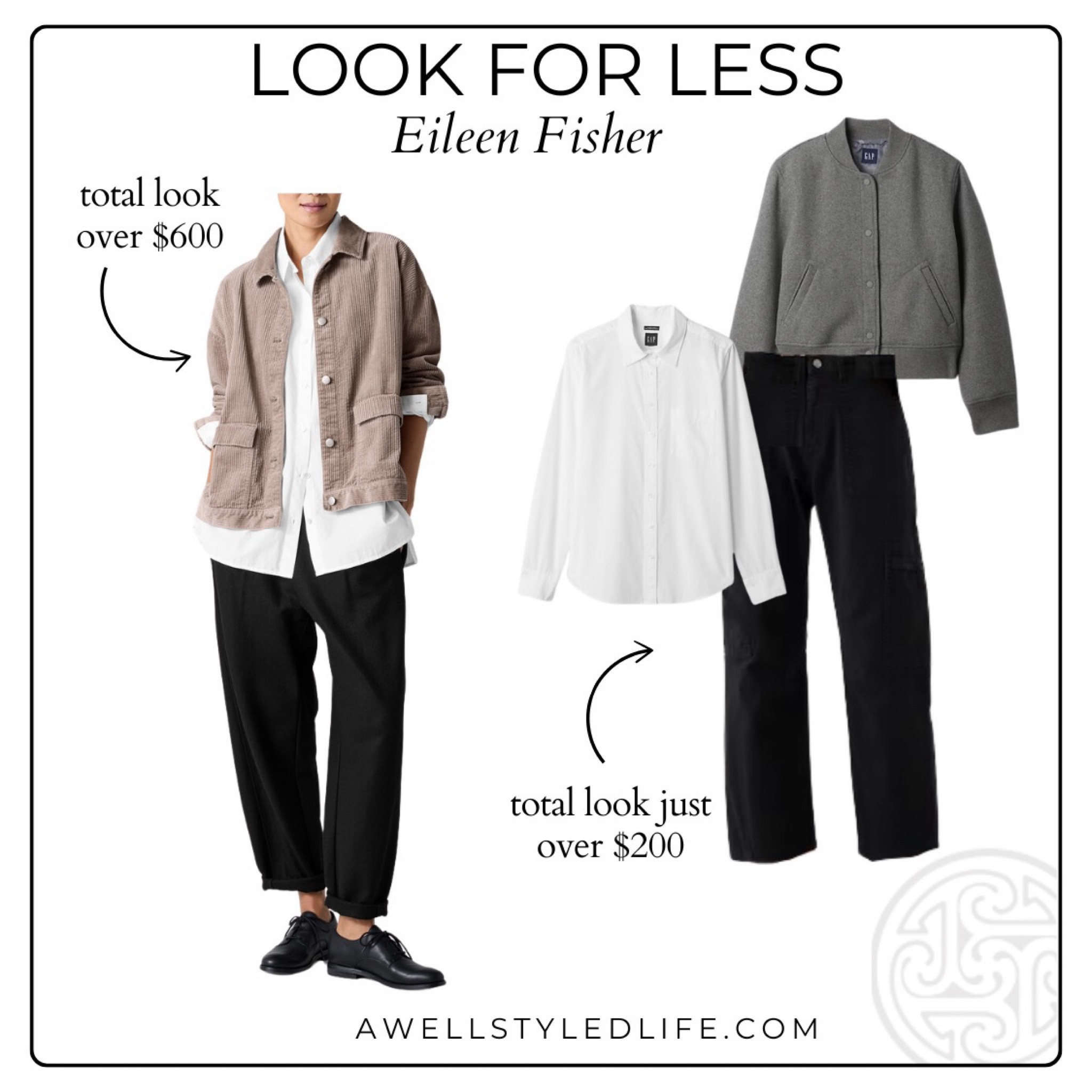Look for Less: Eileen Fisher

Look for less outfit from Gap

#fashion #fashionover50 #fashionover60 #fallfashion #falloutfit #LTKOver50Style #eileenfisher #gap #lookforless #budgetfashion

#LTKOver40 #LTKStyleTip #LTKWorkwear