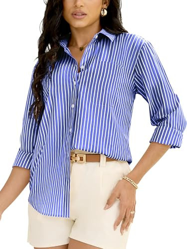 BBIBBI Blue Blouses for Women Button Up Dress Shirt Long Sleeve Navy and White Striped Collared Tops Select Casually Ladies Wrinkle Free Outfits Trendy Fashion Polyester Costume Royal Blue Size XXL | Amazon (US)