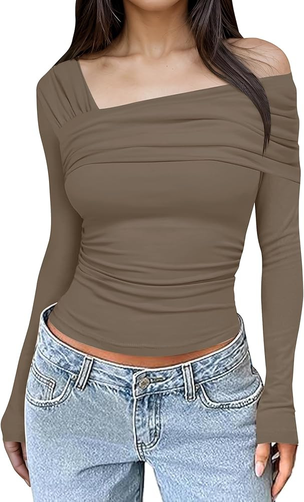 Rapbin Womens One Off Shoulder Long Sleeve Tops Ruched Y2K Slim Fit Shirts Going Out Top | Amazon (US)
