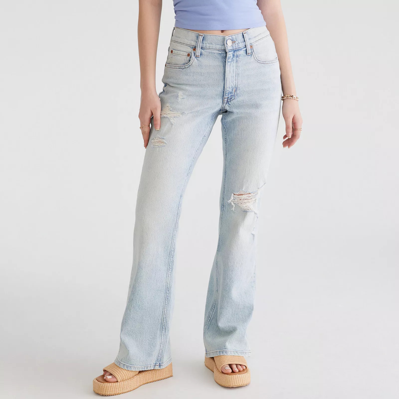 Juniors' Aeropostale High Rise Distressed Flare Jeans, Girl's, Size: 6, Light Blue | Kohl's